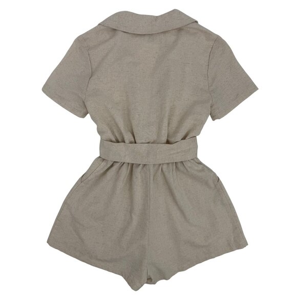 Princess Polly Deep V Croquette Playsuit Romper Collared Belted Neutral Beige 0 - Picture 6 of 16